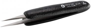 Das Bild zeigt eine schwarze Pinzette mit zwei spitzen, schmalen Metallenden. Der Griff ist ergonomisch geformt und macht die Pinzette leicht greifbar und handlich.