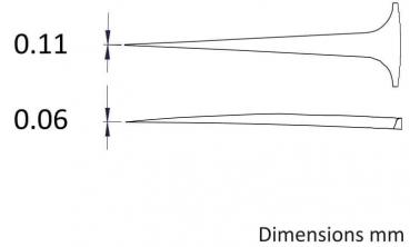 The image displays two thin, pointed shapes with different diameters: the upper one measures 0.11 mm and the lower one 0.06 mm. Both shapes are pulled apart to show their dimensions.