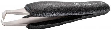 The image shows a black tweezer with wide, non-slip grips. The tips are narrow and straight, ideal for grasping small objects. It appears sturdy and functional.