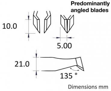 Das Bild zeigt technische Zeichnungen von überwiegend gewinkelten Klingen mit Maßangaben: 10 mm Höhe, 5 mm Breite und 21 mm Länge, sowie einem Winkel von 135 Grad.