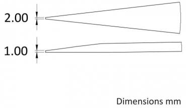Das Bild zeigt zwei konische Formen mit den Abmessungen: Oben 2,00 mm Durchmesser, unten 1,00 mm. Beide Formen sind schematisch gezeichnet und haben eine spitze Endform.