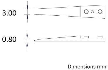 Das Bild zeigt eine technische Zeichnung. Oben ist ein schmal konischer Körper mit der Breite von 3,00 mm, unten eine flachere Ansicht mit einer Höhe von 0,80 mm und zwei kleinen Elementen.