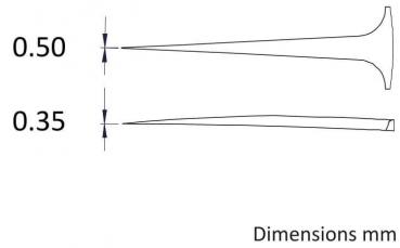 Das Bild zeigt zwei Linien mit unterschiedlichen Längen, die auf Millimeterbasis dimensioniert sind: eine mit 0,50 mm und eine mit 0,35 mm.
