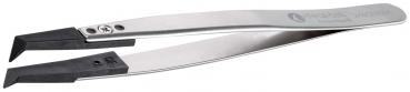 The image shows a narrow, curved stainless steel tweezer. The tips are slightly beveled and the handle has a rough rubber coating for better grip.