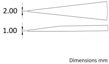 The image shows two conical shapes, one with a height of 2 mm and the other of 1 mm. The upper shape is wider and tapers towards the end. Dimensions are provided on the right.