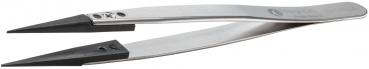The image shows a sharp, two-pronged pair of pliers made of shiny metal. The tips are narrow and pointed, the handle is slightly curved and has a matte, black surface.