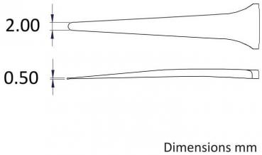 Das Bild zeigt zwei längliche, konische Formen, die von links nach rechts verlaufen. Die obere Form hat eine Breite von 2,00 mm, die untere von 0,50 mm. Unterhalb steht "Dimensions mm".
