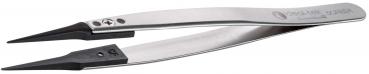 The image shows a fine stainless steel tweezer. It has sharp, narrow tips and a matte finish. The handles are slightly curved and provide a good grip.