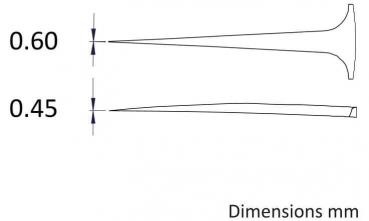 Das Bild zeigt zwei senkrechte Linien mit verschiedenen Breiten: eine mit 0,60 mm und eine mit 0,45 mm. Unter den Linien steht ?Dimensions mm?. Die Linien sind spitz zulaufend.