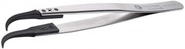 The image shows a stainless steel tweezer. It has a flat, narrow shape with curved tips and non-slip black handles. Ideal for gripping fine objects.