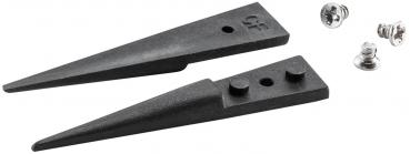 The image shows two sharp, black metal parts that look like wedges, next to two small screws. The wedges each have two holes and flat bottoms.