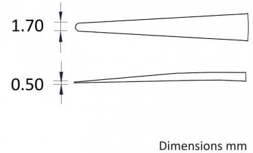 The image shows two rectangles of different sizes. The upper one is 1.70 mm thick and tapers to a point, the lower one is 0.50 mm thick and also tapers. Both are simply sketched.