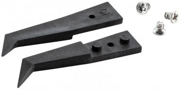 The image shows two black metal parts that taper to a point, as well as two silver screws. Each part has two small holes and they may be tools or fasteners.