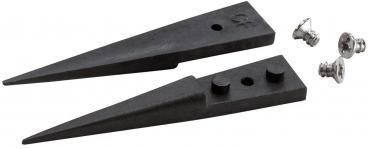 The image shows two sharp, black wedges that taper to a point at the ends. Next to the wedges are three silver screws.