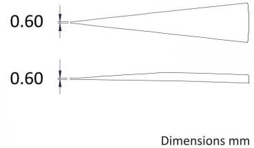 The image displays two schematic representations of shapes with a width of 0.60 mm. The top shows a conical tapering shape, while the bottom depicts a flatter, elongated shape.