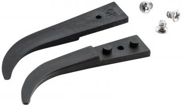 The image shows two curved, black metal pieces that resemble brackets or blades. Next to them are three small silver screws.
