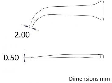 The image displays a technical drawing of an object with two dimensions: 2.00 mm and 0.50 mm. It features a curved and a straight shape, with clear lines and measurements.
