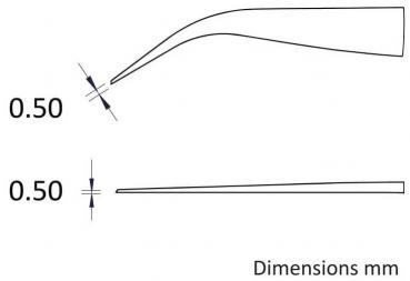 The image shows two elongated, narrow shapes, one with a curved tip and the other straight, both with measurements of 0.50 mm. Below it reads "Dimensions mm".