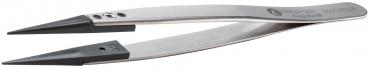 The image shows a stainless steel tweezer with narrow, pointed tips. It has a silver shine and a smooth surface. The tweezer is slightly curved and has a ridged area on one side for better grip.