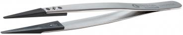 The image shows a silver tweezer with sharp, black tips. It has a curved shape and is made of stainless steel, with a small screw mechanism in the middle.