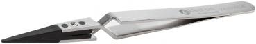 The image displays a precise stainless steel tweezer with a pointed, narrow working surface and a gray plastic handle. It is slender and shiny.