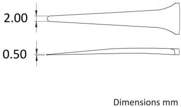 The image displays a technical drawing with two lengths: 2.00 mm and 0.50 mm. The lines are narrow and tapered, with a label "Dimensions mm" at the bottom edge.