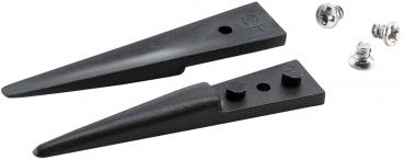 The image shows two black, bent plastic parts that look like tips, as well as some small silver screws. The parts are intended for assembly or attachment.