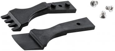 The image shows two black tools: a scraper with a flat edge and another with three teeth. Next to them are three silver screws. They are sturdy and functional.