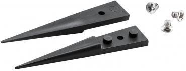 The image shows two black, pointed parts that are shaped like wedges. Next to them are some silver screws. The parts appear to be intended for fastening or mounting.