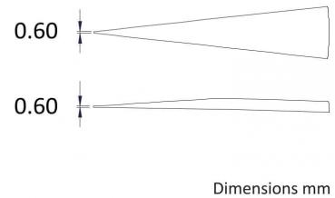 Das Bild zeigt zwei Linienzeichnungen mit identischen Maßen von 0,60 mm. Die obere Linie hat eine spitze Form, die untere eine gerade, flachere Form.