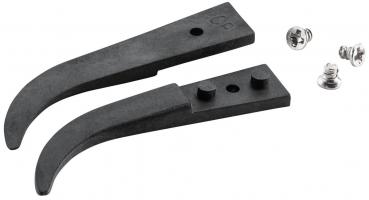 The image shows two black plastic parts with a curved shape that look like levers. Next to them are two small silver screws. The parts could belong to a tool or device.