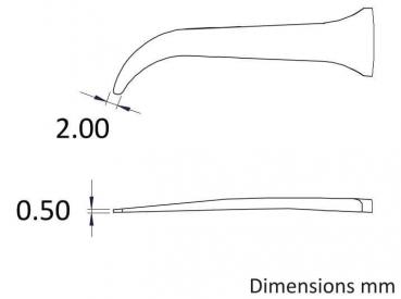 The image displays a technical drawing of an object with two measurements. The top measures 2.00 mm, the bottom 0.50 mm. Both lines are slender and have a curved shape.