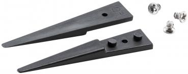 The image shows two black, pointed tools with flattened ends that resemble blades. Next to them are two small, round screws.