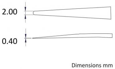 The image displays two schematic drawings of a shape or an object with specified dimensions: top 2.00 mm and bottom 0.40 mm. The shapes are slender and taper to a point.