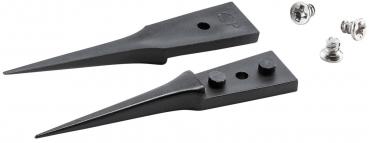 The image shows two black pointed metal pieces, shaped like hooks, each with two indentations. Next to them are two small, round, silver screws.