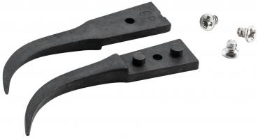 The image shows two black, curved metal pieces shaped like hooks. Next to them are two silver screws. The hooks each have two small indentations.