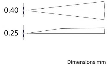 The image shows two narrow, pointed shapes. The top one has a width of 0.40 mm, the bottom one 0.25 mm. On the right it says "Dimensions mm".