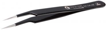 The image shows a black tweezer with two pointed ends. The handles are narrow and smooth. A silver logo and lettering are embossed on the surface.