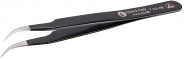The image shows a black tweezer with slightly curved tips. It has a smooth surface and a logo on the side. The ends are precise and ideal for delicate tasks.