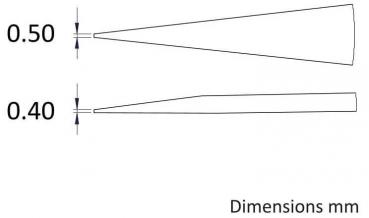 The image displays two cone-shaped objects with varying diameters: the top one is 0.50 mm and the bottom one is 0.40 mm. Both taper to a point at the bottom and have a uniform shape.