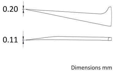 Das Bild zeigt zwei Linien mit unterschiedlichen Dicken: die obere misst 0,20 mm und die untere 0,11 mm. Rechts steht "Dimensions mm". Beide Linien sind spitz zulaufend.