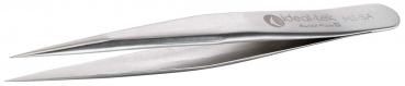 The image shows a sharp, silver metal tweezer. It has a smooth handle and two long, narrow pincers that can open and close at the top.