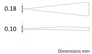 The image displays two narrow, conical shapes. The upper one has a width of 0.18 mm, the lower one 0.10 mm. Both shapes are sketched, with dimensions on the side.