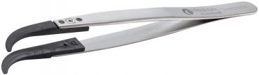 The image shows a long, narrow tweezer made of stainless steel with two rounded, curved tips. The handles are flat and smooth, with a rubberized area at the ends for better grip.