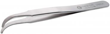 In the image, there is a stainless steel shovel tongs. It has two narrow, curved tips that open and close when squeezed, and it is slightly curved.