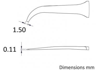 The image displays a technical drawing of an object with two dimensions: 1.50 mm for the width and 0.11 mm for the thickness. It features a narrow, curved shape.