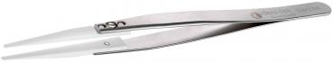 The image shows a narrow, metallic tweezer with long, pointed ends. It is silver-colored and has a smooth surface. The handles are slightly curved for better grip.