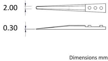The image displays technical drawings of an object with two dimension lines. At the top, there is a wide, pointed shape with three holes, and at the bottom, a narrow, flat contour. Dimensions are given in mm.