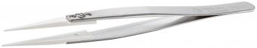The image shows a narrow, metallic tweezer with long, pointed tips. It has a smooth surface and a slightly curved handle. Ideal for grasping small objects.