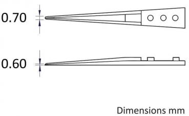 The image shows two schematic representations of an object in side view. At the top it reads "0.70" and at the bottom "0.60", with corresponding measurements in millimeters.